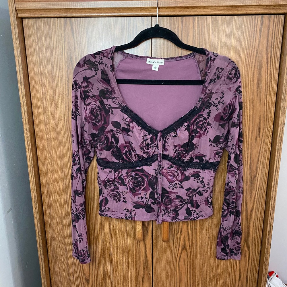 Derek Heart Floral Mesh Top Womens Large Purple Lace Trim Long Sleeve